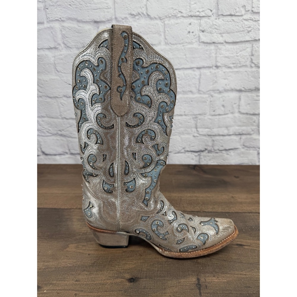 J.B. Dillon Bellflower Women's 8B Silver Leather Western Boots Blue Rhinestone - Picture 11 of 15